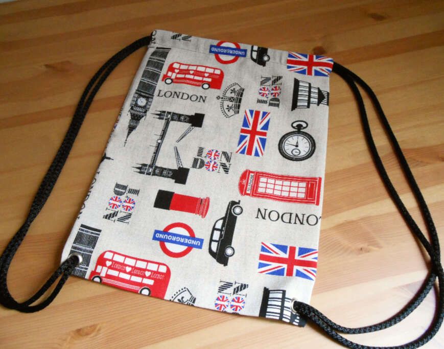 Mochila saco con cuerdas con motivos londinenses: autobús de dos pisos, Big Ben, cabina, taxi