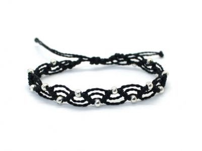 pulsera negra ondas con bolitas plateadas